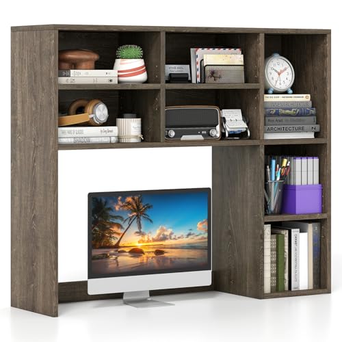 Giantex Desktop Bookshelf, Desk Hutch Dorm w/ 7 Cubes & 3 Adjustable Shelves, Desk Shelf for Up to 27" Computer Monitors, Wooden Desktop Storage Organizer for Dorm College Office Home (Grey Oak) - color: Grey Oak, size: 7 Shelves (31"H)