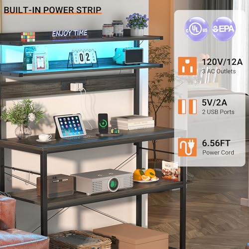 Aheaplus Bakers Rack with Power Outlet, Microwave Stand, 5 Tiers Coffee Bar Station with Led Lights, Kitchen Storage Shelf with 6 S-shaped Hooks, Kitchen Rack Coffee Bar Stand, Grey Oak - color: Black Oak, size: 31.5 inch