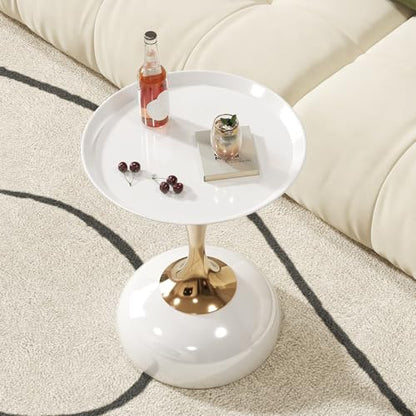 Small White Round Side Table with Gold Pedestal Base - Modern Chic Accent End Table for Living Room, Bedroom & Office Spaces - color: Cream White