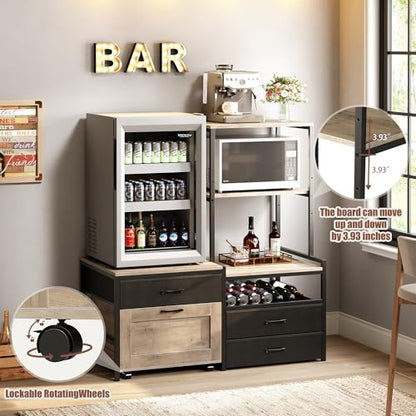 Herture Mini Fridge Stand with Wine Rack, Kitchen Bakers Rack with Power Outlet, Microwave Oven Stand, Coffee Bar, Movable Drawers, for Dorm,Office, Grey HB04BXZ - color: Griege