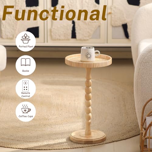 Small Side Table，Rattan Round Drink Tables for Small Spaces, Boho Circle Accent Table Coffee Table with Solid Wood Leg for Living Room, Pedestal Table for Bedroom, Corners - size: High: 21.4", style: Boho side table B