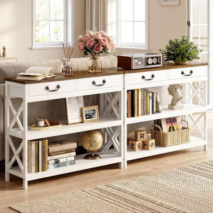 IRONCK 39.4" Farmhouse Console Table with Storage, Narrow Entryway Table with 2 Drawers & 2 Shelves, Industrial Wood Sofa Table for Living Room/Hallway, White/Walnut - size: 39.4inch