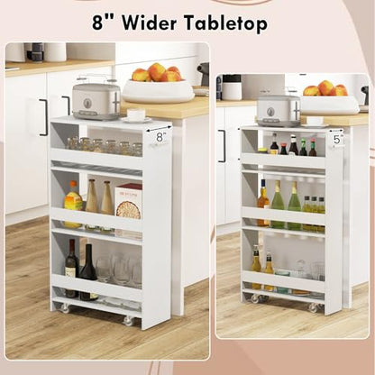 LOKO 4-Tier Rolling Storage Cart, 8 Inches Slim Kitchen Cart on Wheels with Open Shelves & Handle, Laundry Room Cart Between Washer and Dryer, for Narrow Space Bathroom Next to Fridge (White) - color: White