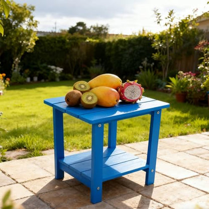 Small Leisure Line Side Table, 2-Tier Adirondack Side Table Outdoor with Open Shelf, 16 in Wooden Deck Table for Patio Porch Pool, 200 Lbs Capacity, Easy Assembly (Dark Blue) - color: Dark Blue