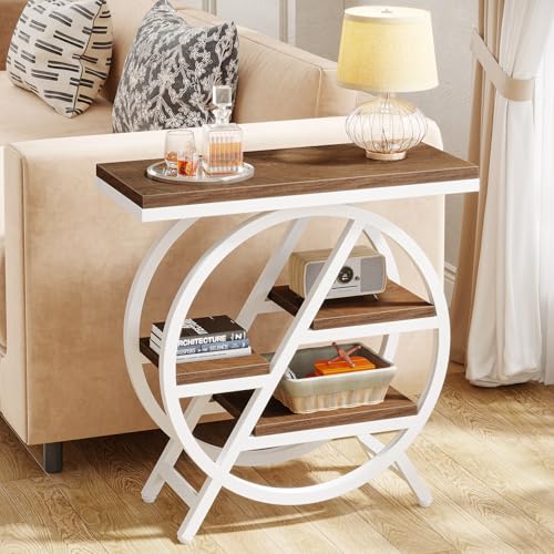 Tribesigns End Table for Living Room, 3-Tier Narrow Side Table with Storage, Wood Sofa Side Table with Geometric Metal Frame, Industrial Nightstand and Bedside Table for Bedroom (Light Brown+White) - color: Light Brown&white