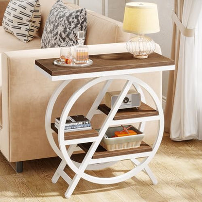 Tribesigns End Table for Living Room, 3-Tier Narrow Side Table with Storage, Wood Sofa Side Table with Geometric Metal Frame, Industrial Nightstand and Bedside Table for Bedroom (Light Brown+White) - color: Light Brown&white