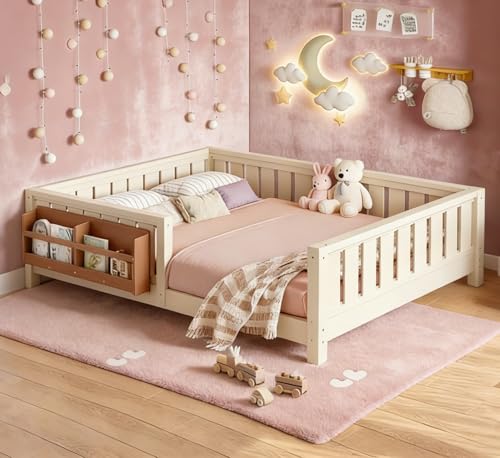 Bellemave Kids Full Size Floor Bed Frame with Bookcase and Full-Length Guardrail, Pine Wood Montessori Bed, for Kids,No Box Spring Needed(Full,Beige,Bookshelf) - color: Beige, size: Full-Bookshelf