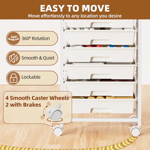 8 Drawer Rolling Storage Cart with Wooden Tabletop & Lockable Wheels | Utility, Movable Craft Storage Organizer, for Living Room Bedroom, Classroom, Office, White
