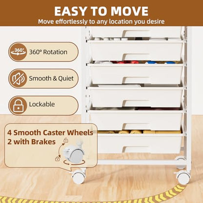 8 Drawer Rolling Storage Cart with Wooden Tabletop & Lockable Wheels | Utility, Movable Craft Storage Organizer, for Living Room Bedroom, Classroom, Office, White