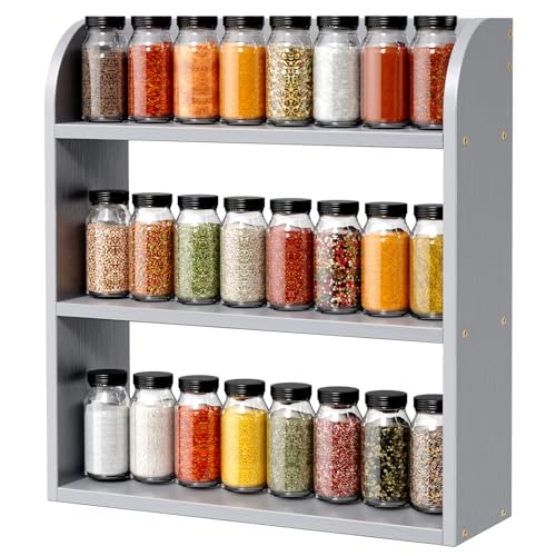 ROMGUAR CRAFT 3 Tier Bamboo Spice Rack, Countertop or Wall Mounting Wood Spice Jars Organizer Shelf for Kitche, Pantry (Grey) - color: Grey, size: 3 Tier
