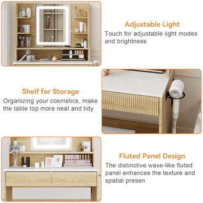 YOURLITE 31.5" Fluted Makeup Vanity Desk with LED Mirror and Stool | Small Vanity Table Set, 3 Lighting Modes, Charging Station, Hairdryer Holder, Cushioned Stool - size: 31.5", style: Wooden
