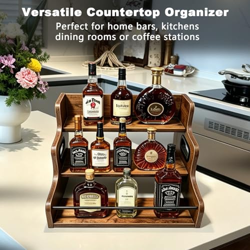 3-Tier Rustic Liquor & Wine Rack, Countertop Shelf with Guardrail & Handles for Home Bar