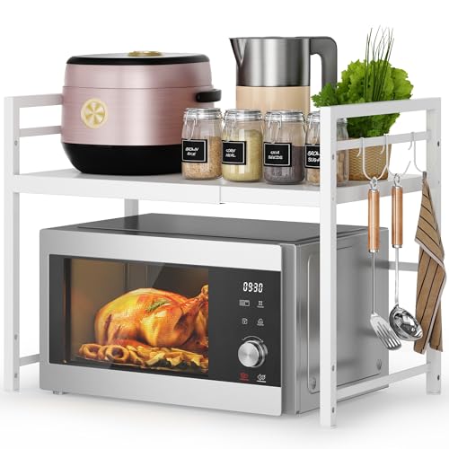DOLALIKE Expandable Microwave Stand Kitchen Countertop Organizer, White | Adjustable Microwave Oven Rack Metal Storage Shelf with 3 Hooks for Pans Small Appliances Kitchen Utensils Tableware, 2-Tier - color: White, size: 2 Tier (Without Spice Rack)