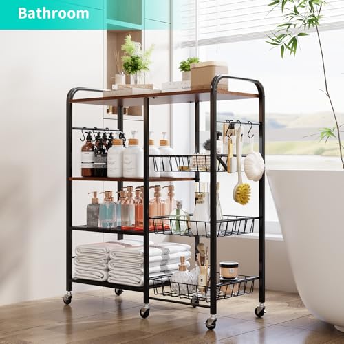 HapiRm Rolling Kitchen Microwave Cart - 4 Tier Microwave Table Stand with Pull-Out Baskets, Coffee Bar Baker's Rack with Wheels Rolling Storage Cart Organizer Shelf for Living Room Office, Balcony - color: Brown