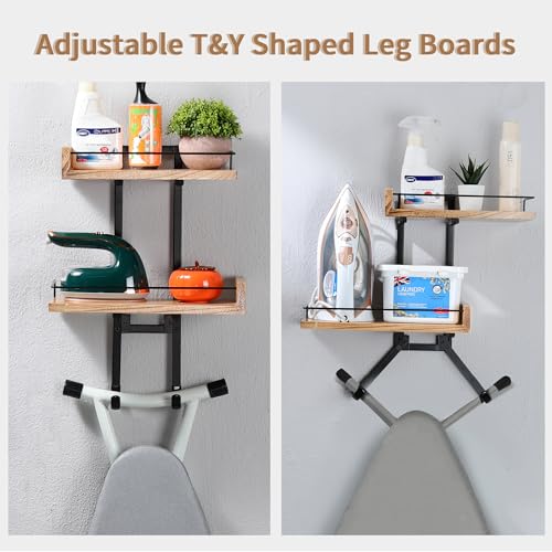 Ironing Board Hanger Wall Mount with Adjustable 2-Large Storage Shelves, Heavy Duty Space Saving Iron and Ironing Board Holder for Laundry Room, T&Y Leg Shaped, Carbonized Black - color: Black-a
