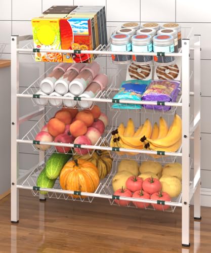 4-Tier Fruit and Vegetable Storage Rack with 8 Removable Baskets, Small Kitchen Island, Pantry Floor Organizer Stand Shelves for Snack Onion Potato Storage, White - style: 8 Baskets-White