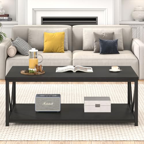 EXCEFUR Black Coffee Table, Modern Wood and Metal Living Room Table with Storage Shelf, 47 Inch - color: Black, size: 47 inch