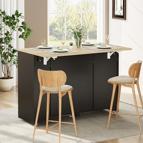 IDEALHOUSE 53.1" Rattan Kitchen Island with Storage, Rolling Dining Cart with Trash Storage Cabinet, Mobile Island Cart with Drop Leaf, Adjustable Shelves, Drawer, 5 Wheels (Black) - color: Black