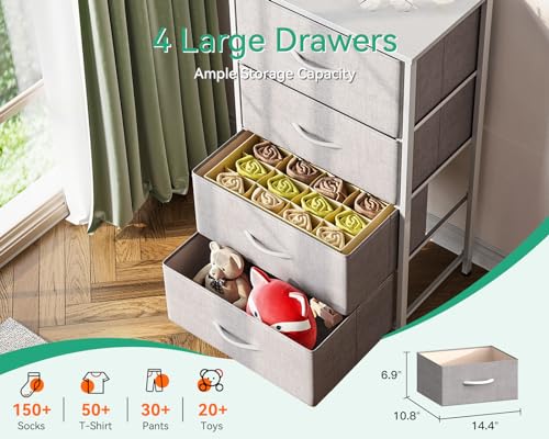 AODK Small Dresser for Bedroom with 4 Storage Drawers, Light Grey | Dressers Chest of Drawers Fabric Dresser with Sturdy Steel Frame, Dressers for Closet with Wood Top - color: Light Grey
