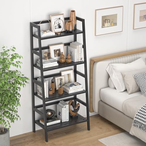 Homykic Bamboo Bookshelf 4-Tier Ladder Shelf, 49.2” Freestanding Open Bookcase Book Shelf Bathroom Storage Shelf Unit Plant Stand for Small Space, Living Room, Bedroom, Home Office, Black - color: Black