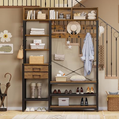 Itaar Hall Tree with Bench and Shoe Storage, 7-in-1 Entryway Bench with Coat Rack, 3 Storage Cubbies, 3 Open Shelves, 17 Coat Hooks, 2 Fabric Drawers (Rustic Brown) - color: Rustic Brown