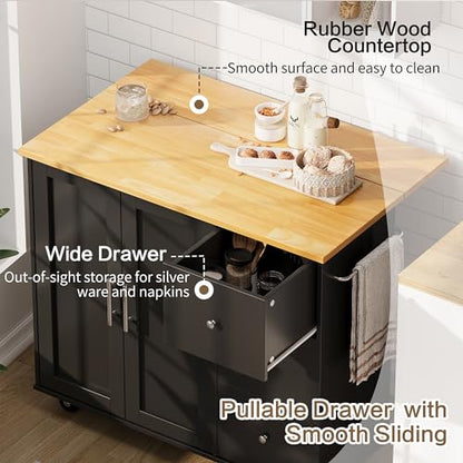 SUNLEI Kitchen Island on Wheels with Storage Cabinet & Foldable Drop Leaf, Rolling Kitchen Table, Cart Handle for Towel Rack, Drop Leaf, Portable Islands for Kitchen (Classic Black, 39.7-INCH)… - size: 39.7 INCH, style: Black
