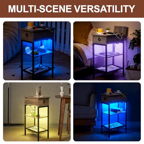Small Grey Side Table Charging Station with LED Light, Narrow Grey Living Room End Tables with Storage, Skinny USB Nightstand with Outlet, Gaming Coffee Table for Couch with USB Ports - color: Elegent Grey With Light, style: Modern