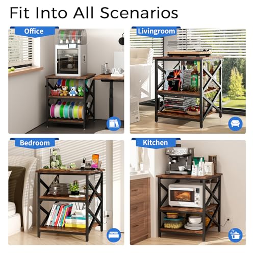 METYERRY Large Printer Stand with Power Outlet, with Height Adjustable Storage Shelf, 3 Tier Rolling Printer Cart with Industrial Wheels, 23.6 x 23.6 Inches Printer Table for Home Office, Rustic Brown - color: Rustic Brown