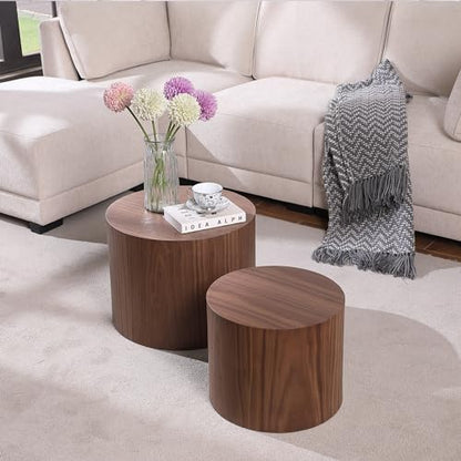 Round Coffee Table Set of 2, Nesting Coffee Table and End Table Set Wood Small Circle Drum Side Table for Living Room Office, No Assembly,Walnut - color: Walnut