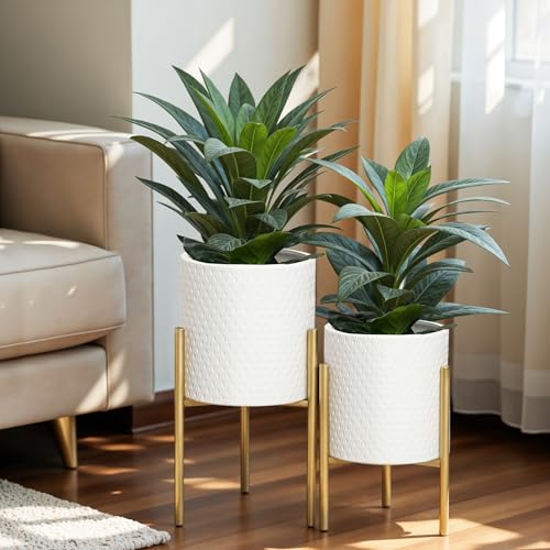 LuxenHome Indoor Planters, Set of 2 White Planter with Gold Metal Stand | Planters for Indoor Plant, Indoor Plant Pots, Flower Pots for Plants, Large Floor Plant Pot, NOT Waterproof - color: White