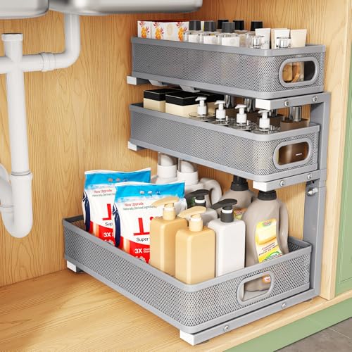 Kitstorack Under Sink Organizer, 1-Pack 3-Tier Height Adjustable Thickened Metal Pull out Cabinet Organizer Shelf, Slide out Storage Drawer Rack for Bathroom Kitchen Pantry Home Organization, Grey - color: Gray, size: 1 Pack