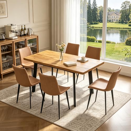 Extendable Dining Table Set for 4 to 8 People, 47.2" to 63" Modern Kitchen Table Set with 6 Leather Chairs, MDF Dining Room Table and Chairs with Removable Extension Leaf (Walnut Table+Brown Chairs) - color: 47.2'' - 63'' Walnut Table+6 Brown Chairs