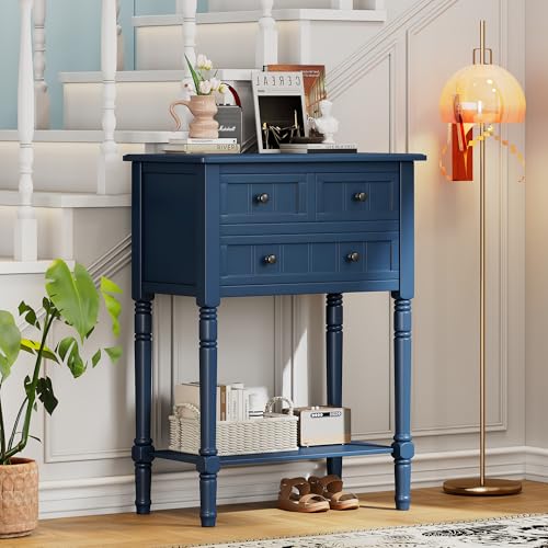 GDFStudio Narrow Console Table - Slim Sofa Tables with 3 Storage Drawers & Bottom Shelf,Solid Wood Frame,Distressed Finish - Accent Table for Living Room,Hallway,Small Spaces,Entryway,23.7" Navy - color: Navy