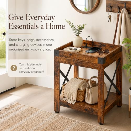 Farmhouse Side Table with Charging Station,2-Tier Square End Table | 2-Tier Shelf Modern Sofa Couch Table Bedside Nightstand With X-Frame for Living Room Bedroom Office Small spaces,Rustic Brown - color: Rustic Brown, style: With Outlets