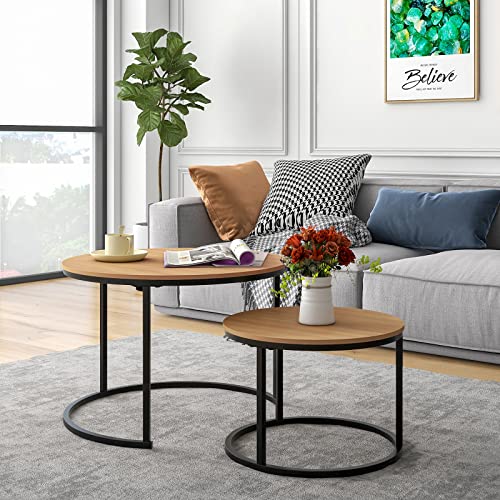 HOJINLINERO Round Nesting Coffee Table Set of 2,Cocktail Table,Large,Oak | Center Table for Living Room,Small Apartment,Small Space,Stacking Side Tables,Wood Tabletop,Sturdy and Easy to Assemble - color: Bk+oakdk, size: Large