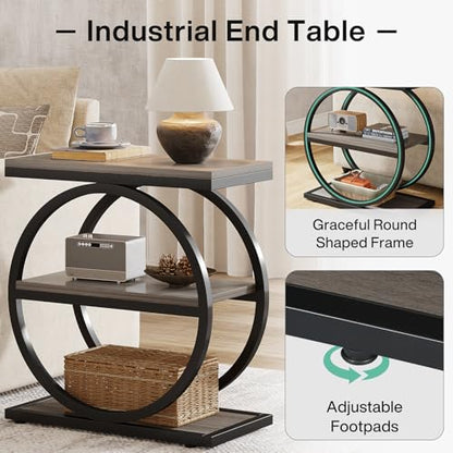 Tribesigns End Table, Narrow End Table with 3 Storage Shelves, Wood Side Table with Black Metal Frames, Industrial Small Sofa Side Table for Living Room, Grey Nightstand and Bedside Table for Bedroom - color: Grey and Black