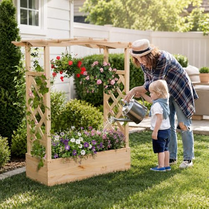 Giantex Raised Garden Bed with Trellis & Hanging Roof, Wooden Elevated Planter Box with Drainage Hole, Freestanding Gardening Planter Raised Bed for Flowers Herbs Climbing Plants Vines, 44”x14”x45” - color: Natural, size: 44”x14”x45”