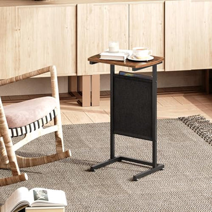 HOOBRO C Shaped End Table, 28.3" Side Table for Small Spaces, Couch Table, Slide Under Sofa Tray Table, Storage Bag, for Living Room, Bedroom, Rustic Brown and Black BF40SF01 - color: Rustic Brown + Black