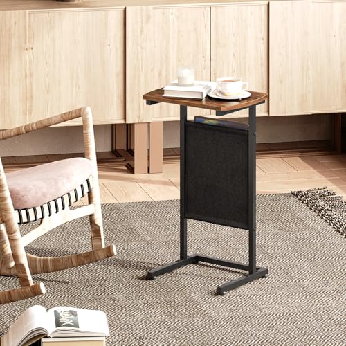 HOOBRO C Shaped End Table, 28.3" Side Table for Small Spaces, Couch Table, Slide Under Sofa Tray Table, Storage Bag, for Living Room, Bedroom, Rustic Brown and Black BF40SF01 - color: Rustic Brown + Black