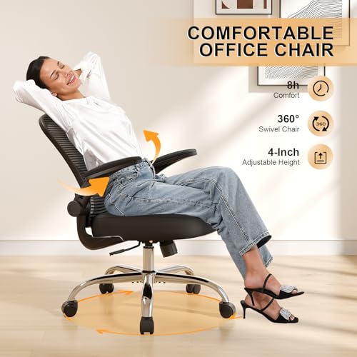 Office Chair, Ergonomic Desk Chairs 330LBS Capacity High Back Mesh Computer Chair with Flip-up Armrests, Comfy Work Chair with Adjustable Lumbar Support, Rolling Chair - color: Black-chrome
