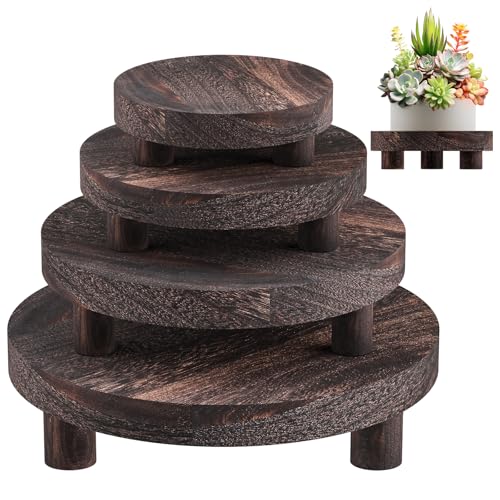 Wood Plant Stand Indoor Outdoor, 12/10/8/6" Round Wood Riser for Decor, Wooden Stool Display Stand Flower Pot Holder Small Planter Tray Modern Potter Decorative for Desktop Counter Room - color: Rustic Brown-4pcs