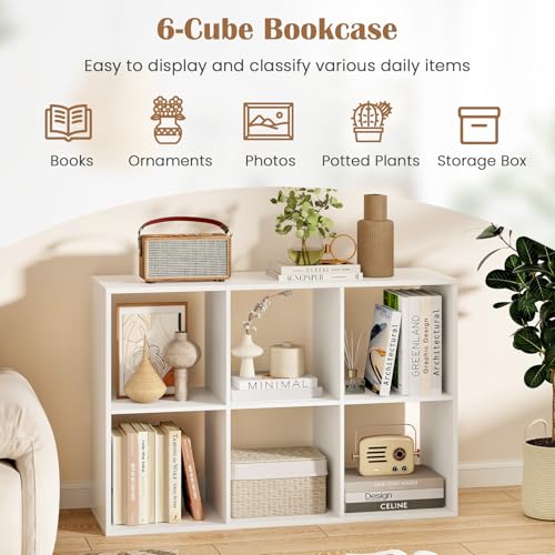 6 Cube Storage Organizer, 2 Tier Floor Standing Bookcase with Anti-Toppling Kits, Wooden Open Display Shelf for Living Room, Bedroom, Study, White Bookshelf with Open Back - size: 6 Cubes