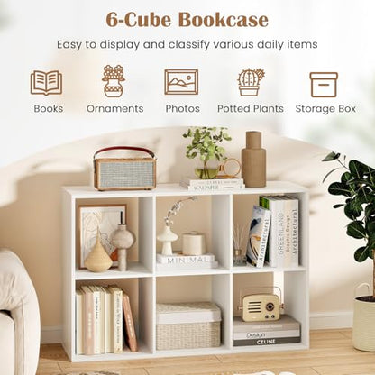 6 Cube Storage Organizer, 2 Tier Floor Standing Bookcase with Anti-Toppling Kits, Wooden Open Display Shelf for Living Room, Bedroom, Study, White Bookshelf with Open Back - size: 6 Cubes