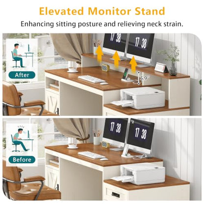 65" Farmhouse Computer Desk with Drawers and Printer Stand for Home Office | Office Desk with Power Outlets and Storage Cabinet, Study Writing Desks with Long Monitor Stand, Brown and White - color: Brown and White