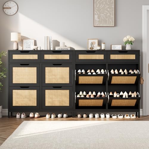 Jocoevol Rattan Shoe Cabinet for Entryway, Boho Shoe Storage Cabinet with 4 Flip Drawers and 2 Drawers, Narrow Freestanding Shoe Rack with Metal Legs for Entryway/Hallway/Foyer (Black) - color: Black