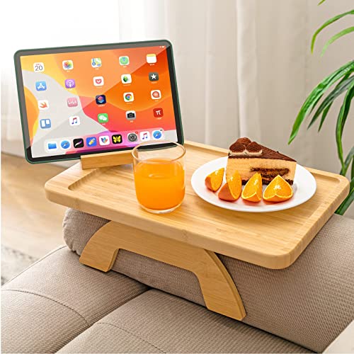 SINWANT Couch Arm Tray,Bamboo Sofa Clip on Side Table,Foldable Couch Armrest Table with 360°Rotating Phone Holder,Anti Slip Food Trays for Eating/Drinks/Snacks/Remotes 15.35" x 9.85" - color: Natural