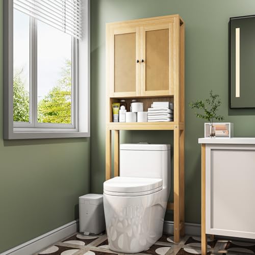 knoworld Rattan Over The Toilet Storage Cabinet, Above Toilet Bathroom Organizer with Adjustable Shelf, Behind Toilet Cabinet, Space Saver for Restroom, Bathroom, Laundry, Wood Rack, Natural - color: Natural, style: Wood Stand