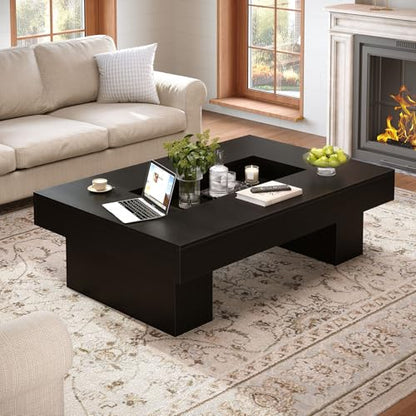 LVB Black Coffee Table, Modern Wood Led Living Room Table with Storage, Unique Large Wide Rectangle Center Table with LED Light, Contemporary low Tea Table for Bedroom Home Office, 47.24 In, Black Oak - color: Black Oak