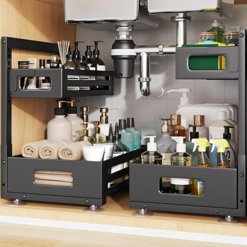 2 Pack Under Sink Organizer,Pull Out Cabinet Organizer with Smooth Cylindrical Rail,Metal Slide Out Drawer for Kitchen Bathroom Laundry Cabinet,8-Level Tool Free Height Adjustable-Black - color: Black, size: 2 Pack-15"Dx9.5"-16.7"H