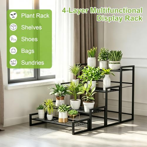 VyGrow Plant Stand, 4 Tier Widened Stackable Tiered Plant Stand, Upgraded Scalable Heavy Duty Tall Plant Shelf for Indoor Outdoor, Garden, Display Shelves, Flower Pot Holder, Black - color: Black 9.84"W